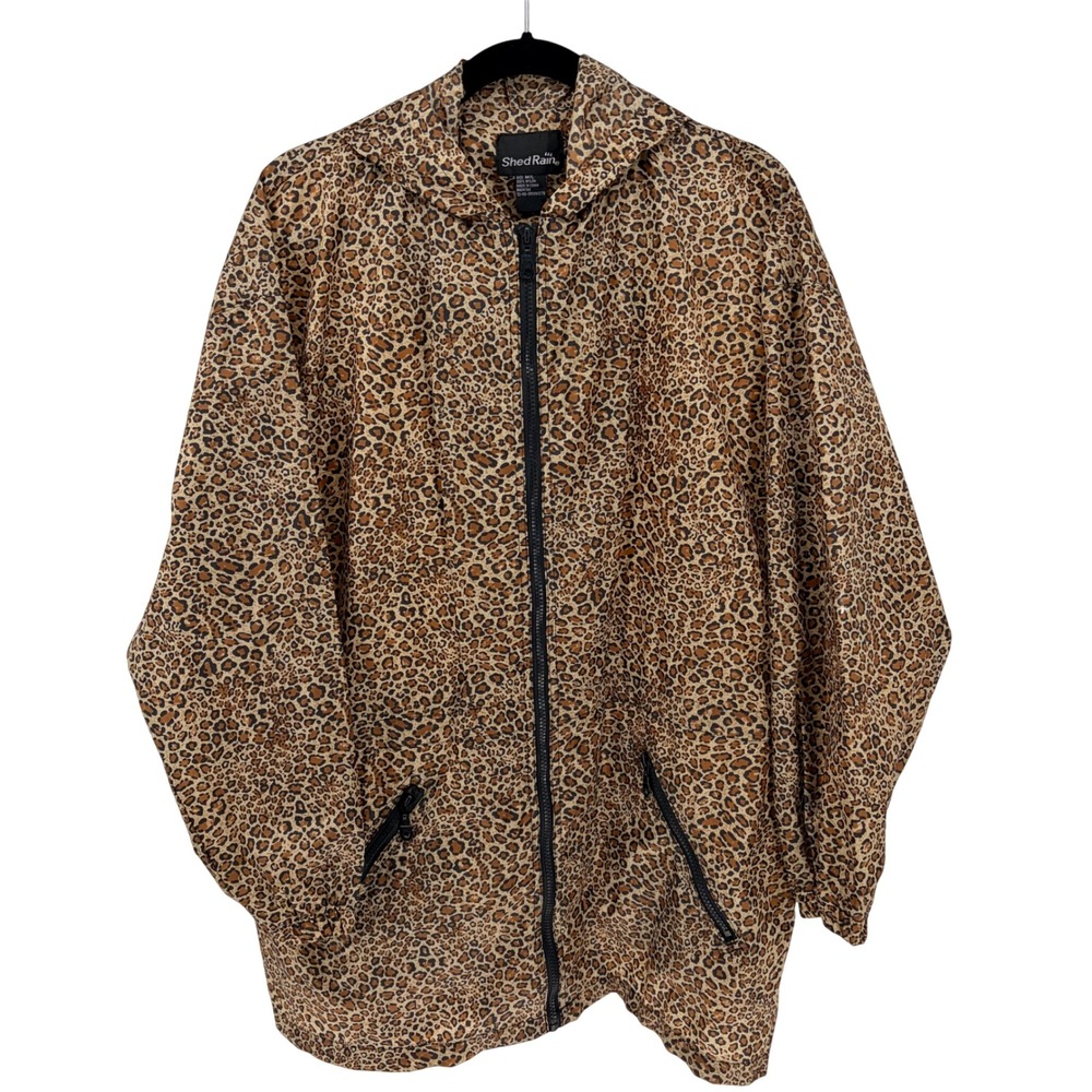 ShedRain Rain Jacket M/L Brown Leopard Print Hooded Cinch Waist Zip Windbreaker